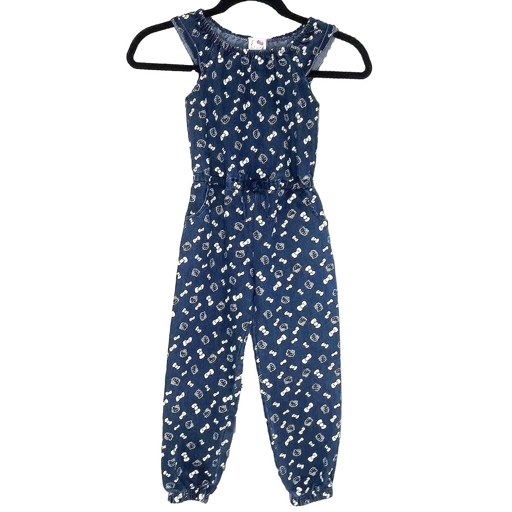 Hello Kitty Jumpsuit Girls 4 Dark Wash Denim Ruffle‎ Sleeve Jogger Kitty Print